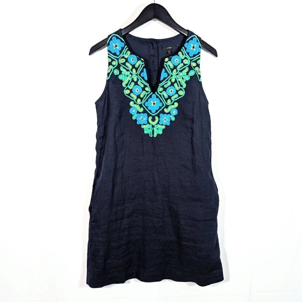 J. Crew Linen Tank Dress Womens Xs Navy Blue Aqua Lime Green Embroidery Split-V